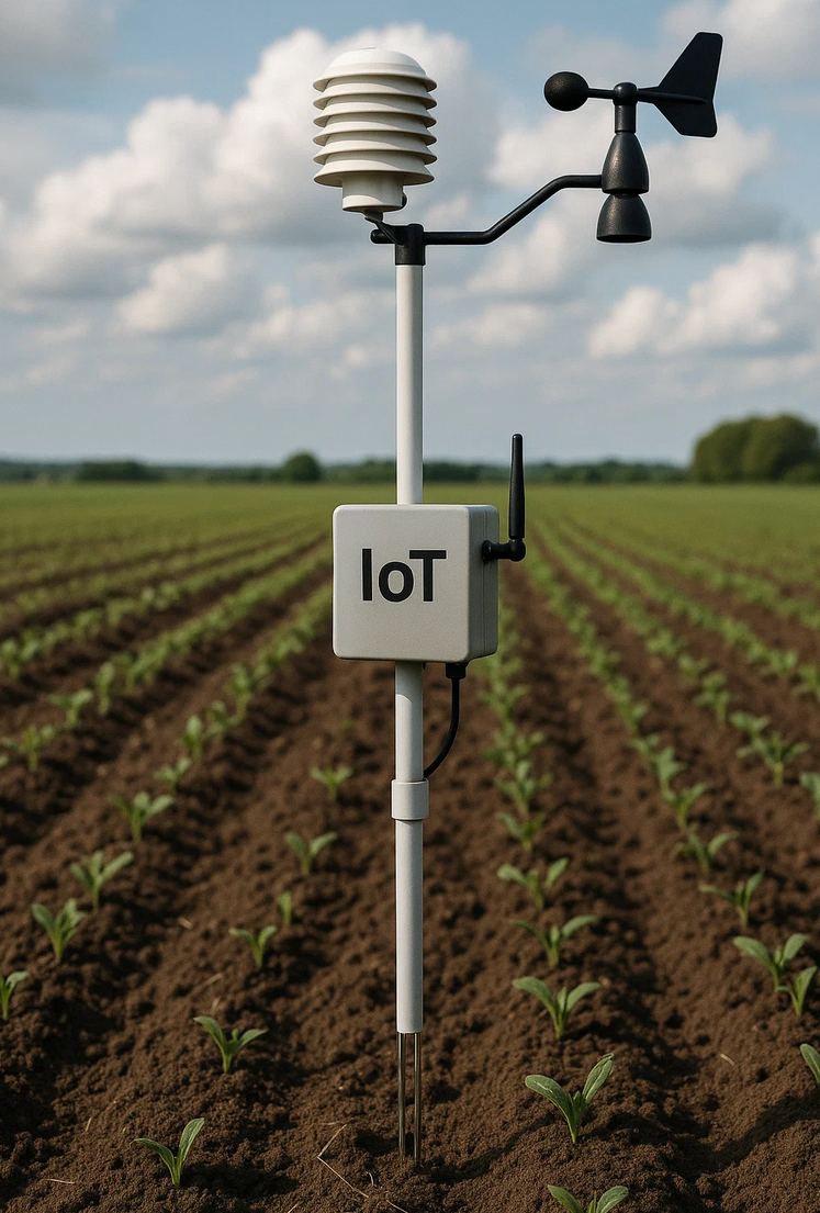 Field with solar-powered sensors and farmers